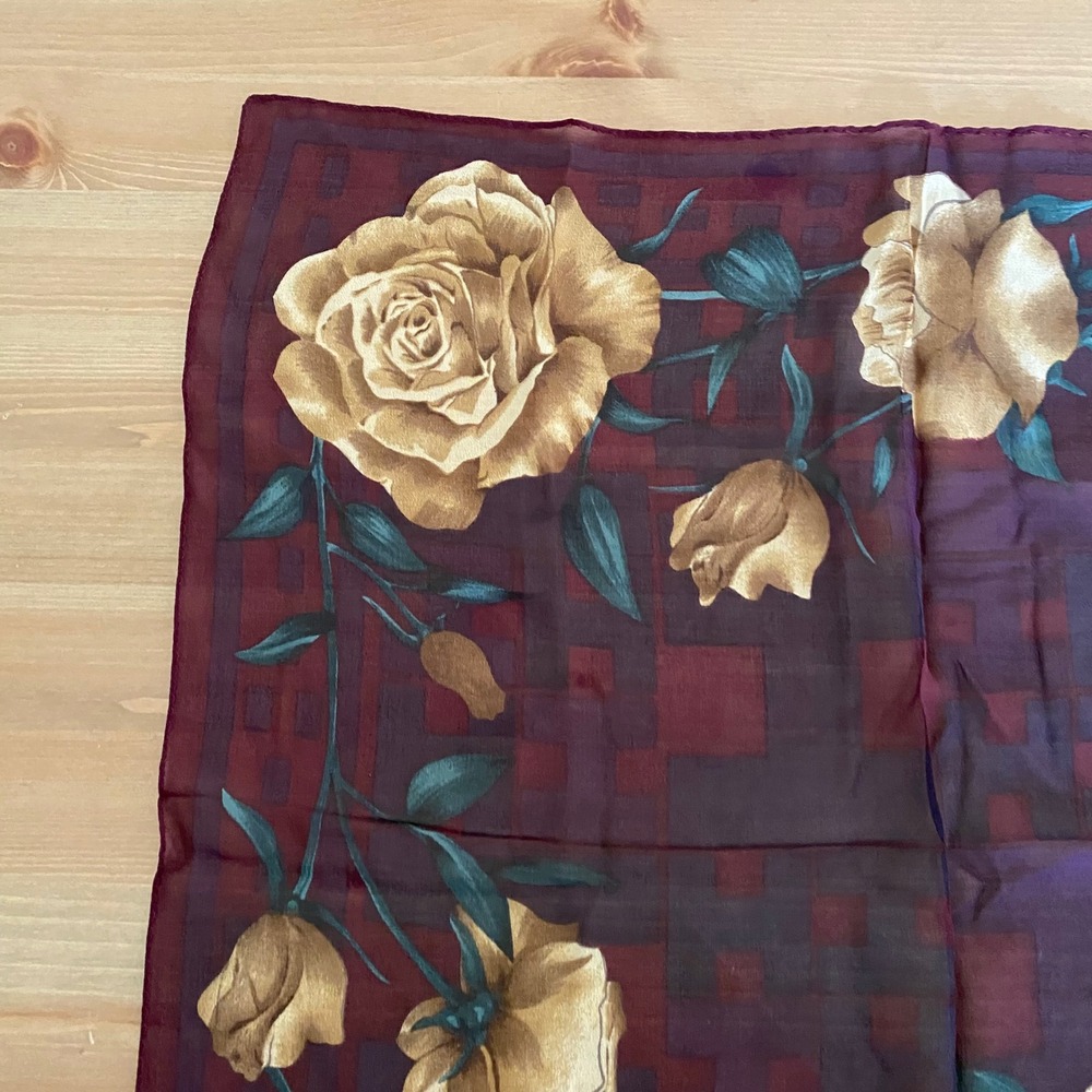 VTG Halston Lifestyle Burgundy Gold Rose Floral Silk Square Scarf - Picture 2 of 11